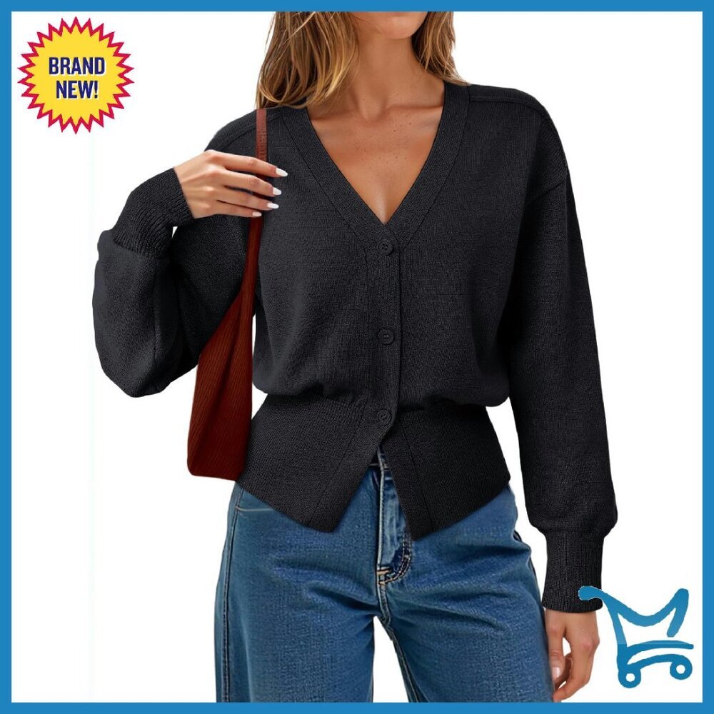 Long Sleeve V-Neck Peplum Cardigan Sweater Open Front Knitted - Picture 1 of 8